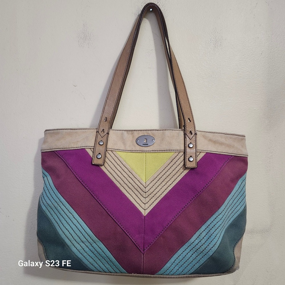 Y2K Fossil Tote Bag Large Multicolor Canvas Chevron Colorblock Shoulder Bag Boho